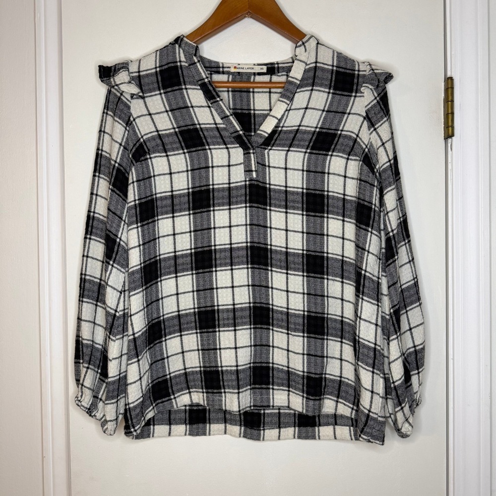 Marine Layer Plaid Ruffle V Neck Long Sleeve Shirt Womens XS Black White